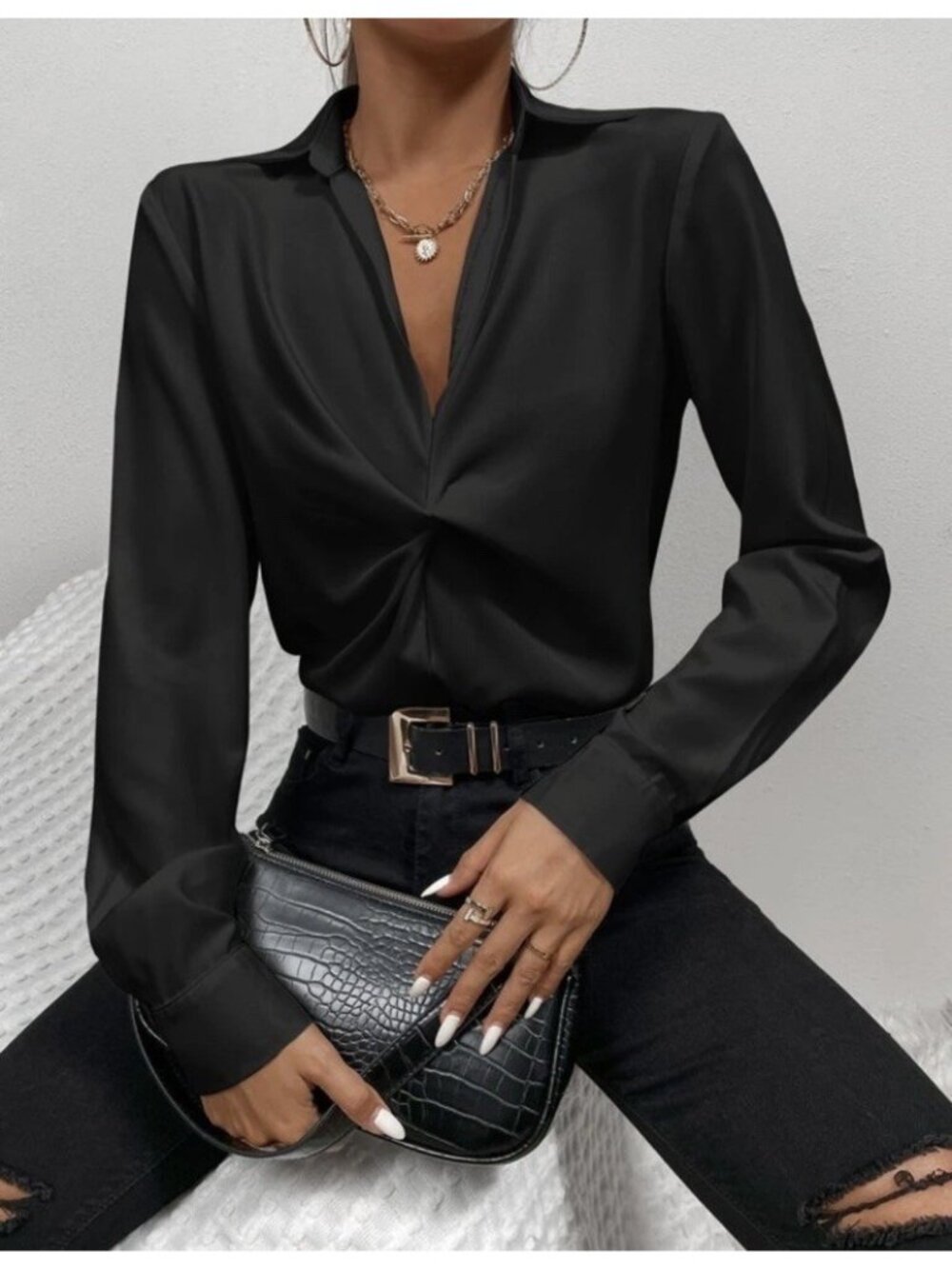 Black Long Sleeve Top V Neck Twist Front Woven Collared Blouse Classy Chic M 6